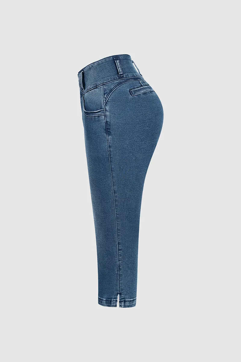 Wash Button Up Split Hem Mid Waist Capri Jeans