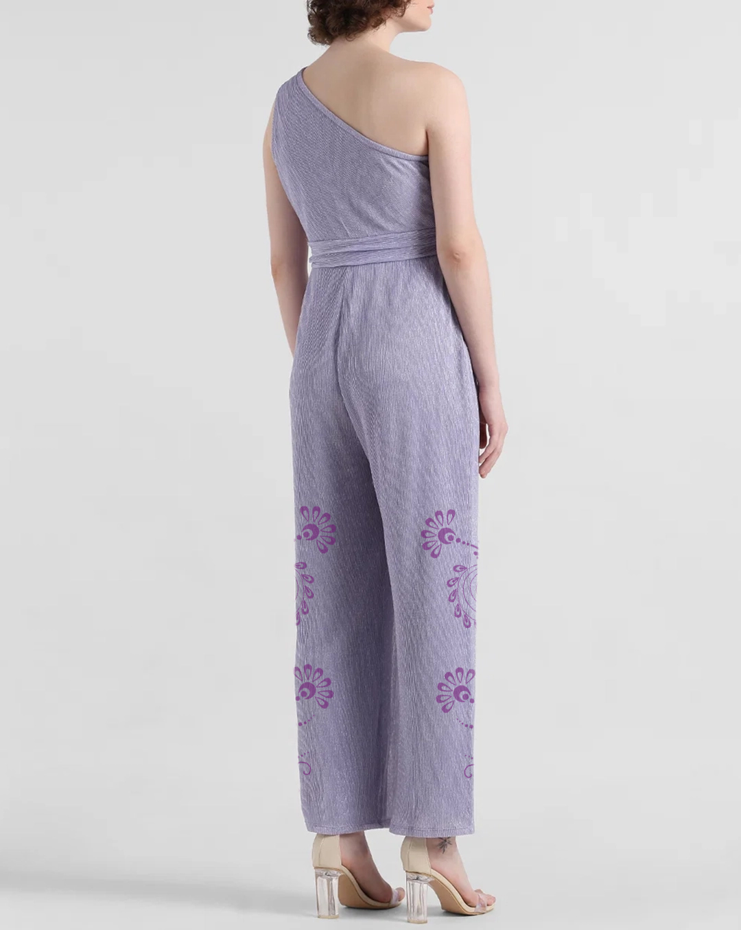 Lavender One Shoulder Printed Cotton Jumpsuit