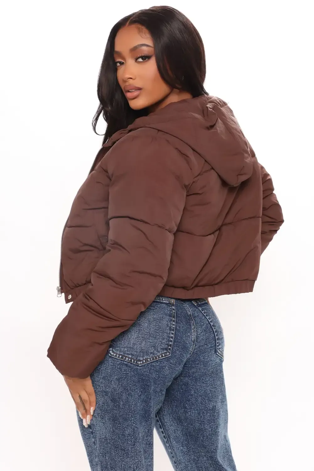 Nights In The City Cropped Puffer Jacket - Chocolate