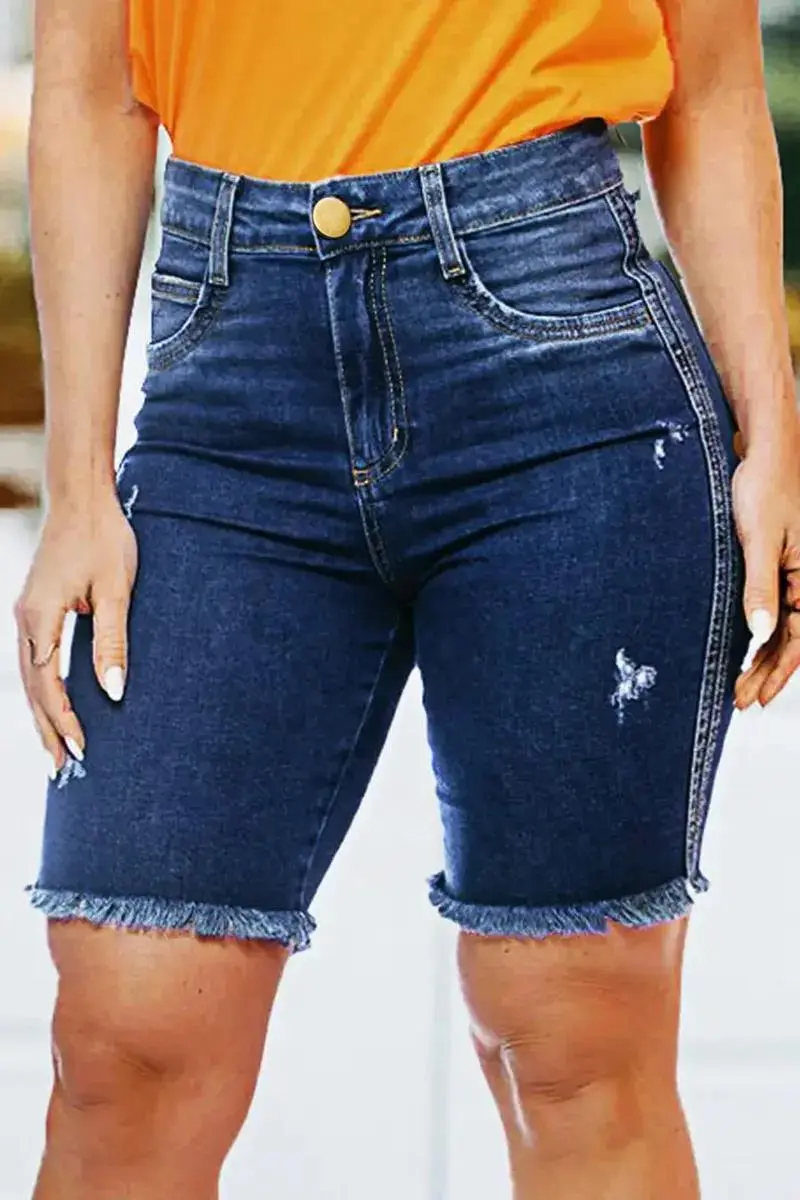 Raw Hem Embroidered Pocket High Waist Denim Mid Thigh Shorts