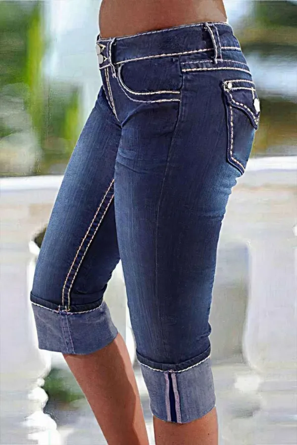 Double Button Flap Pocket Rolled Hem Low Rise Capri Jeans