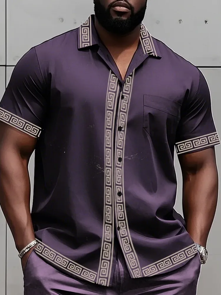 Big Man'S Retro Daily Casual Edge Color Block Printing Short Sleeve Shirt Shorts Suit