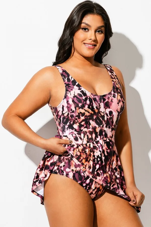 V-Neck Auburn Tie Dye Black Elegant Swimdress
