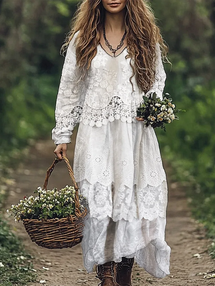 Cottage Floral Lace Layered Flowy Linen Blend Maxi Dress