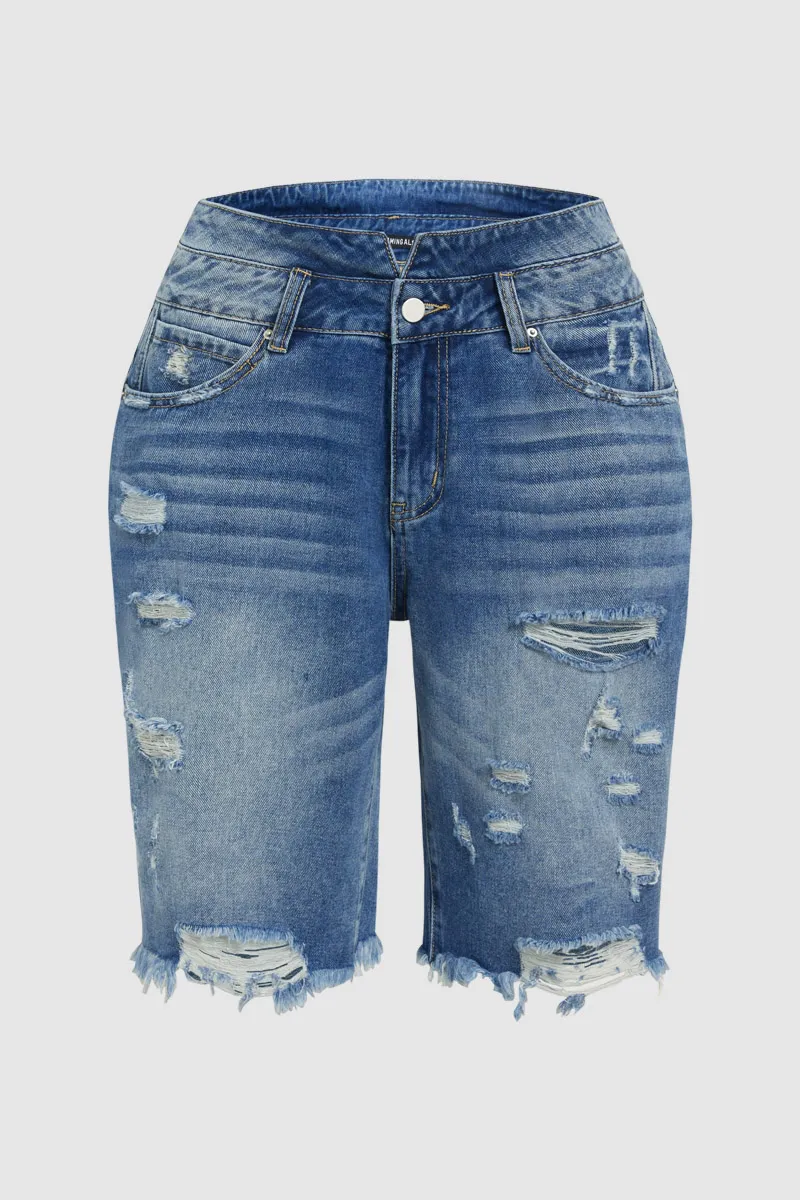 Raw Hem Ripped High Rise Bermuda Denim Shorts