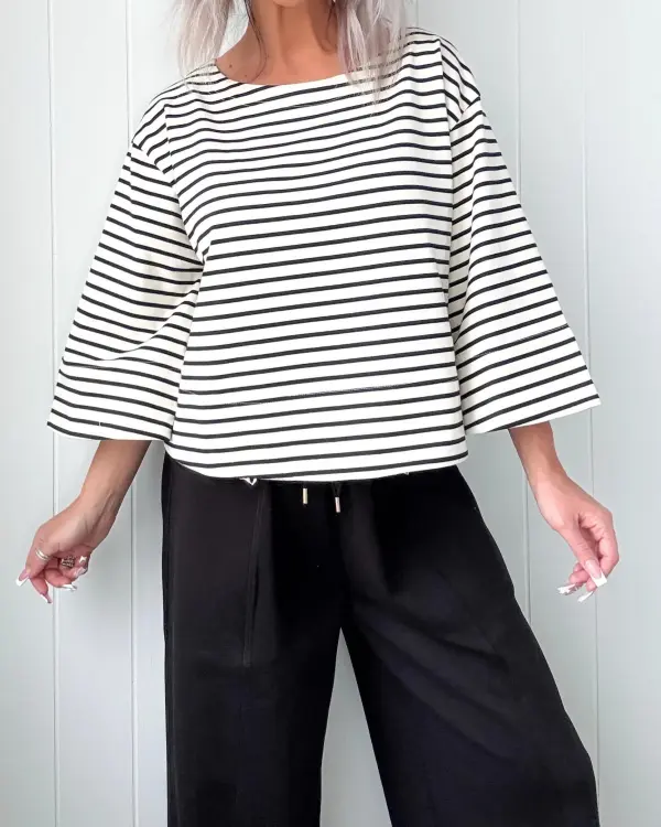 Crew Neck Striped Top - Black/Ivory