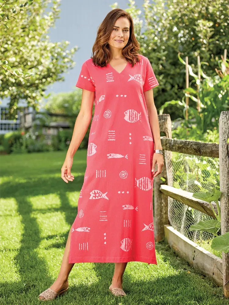M.MAC Rock Fish Ankle-Length Cotton Knit V-Neck Dress