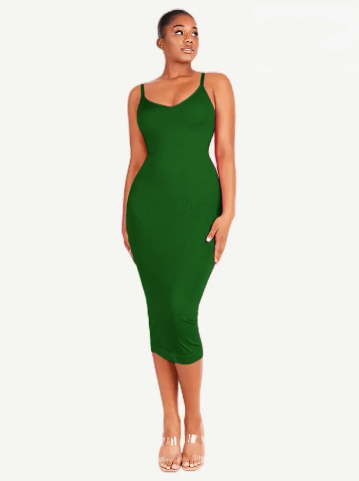 Seamless Spaghetti Strap V Neck Maxi Dress with Built-in Bodycon