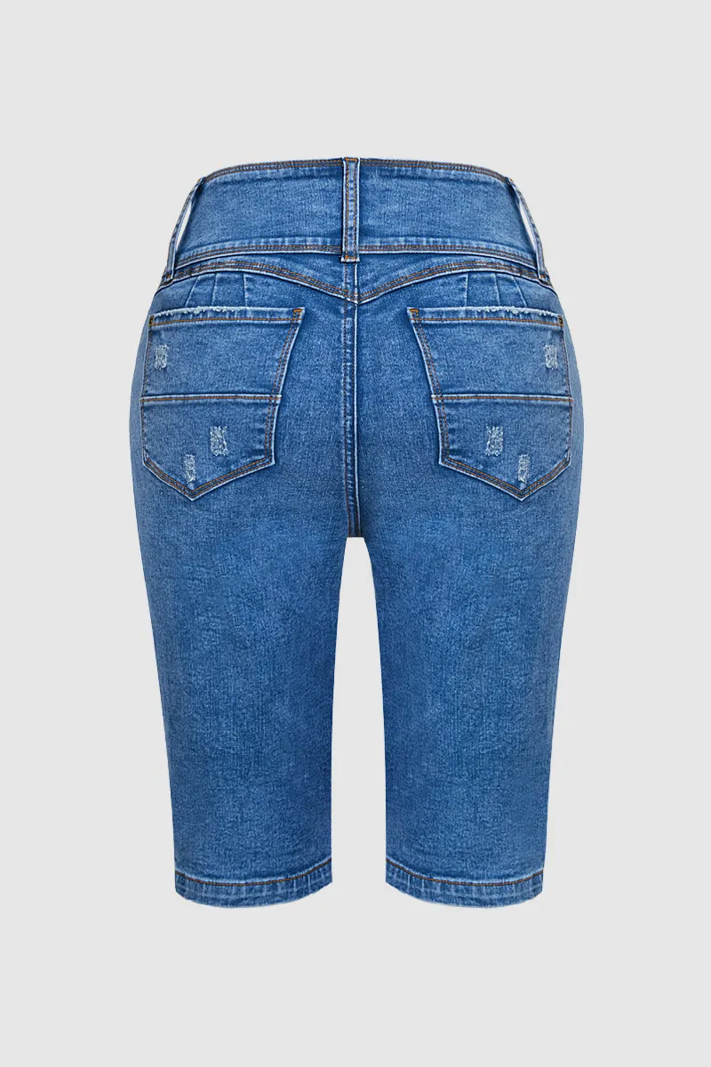Wash Seam Front Button Fly High Rise Denim Bermuda Shorts