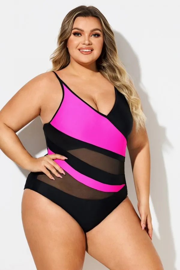 Plus Size V-Neck Colorblock One Piece Swimsuit