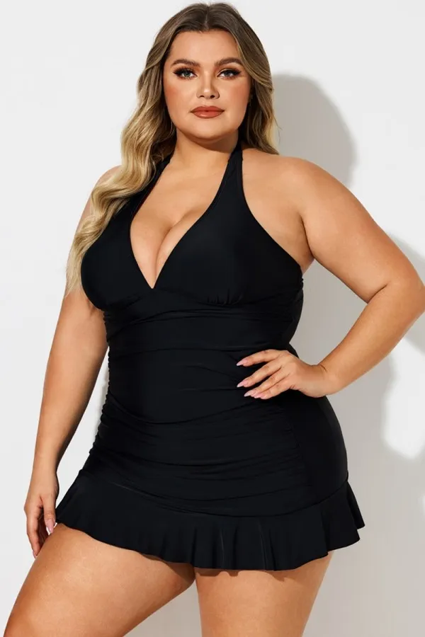 Black Halter Neck Ruched Tummy Control Swimdress