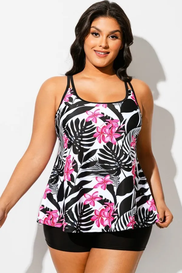 Tropical Print Square Neck Adjustable Strap Tankini Top