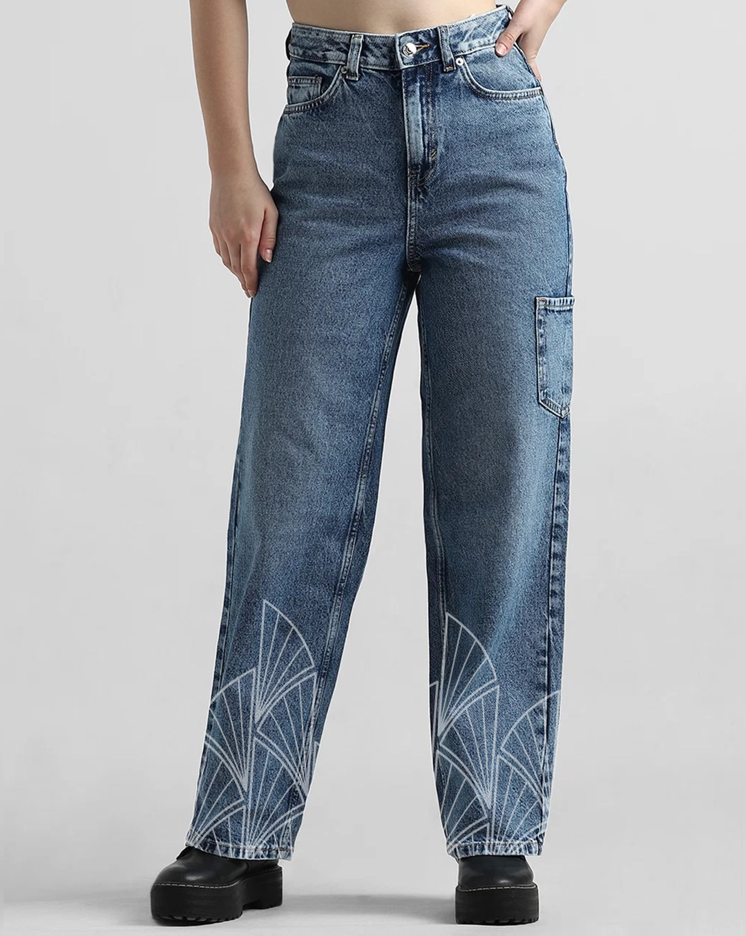 Blue Cargo Style Fan Print Jeans
