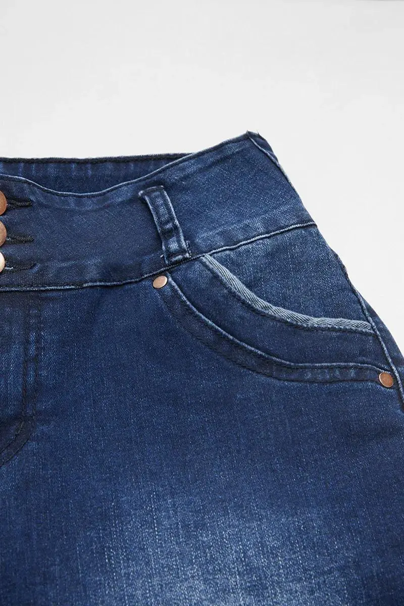 Button Fly High Rise Wash High Stretch Capri Jeans