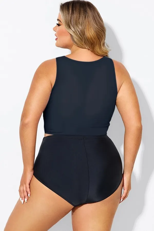 Plus Size Solid Black Knotted Crop Bikini Top