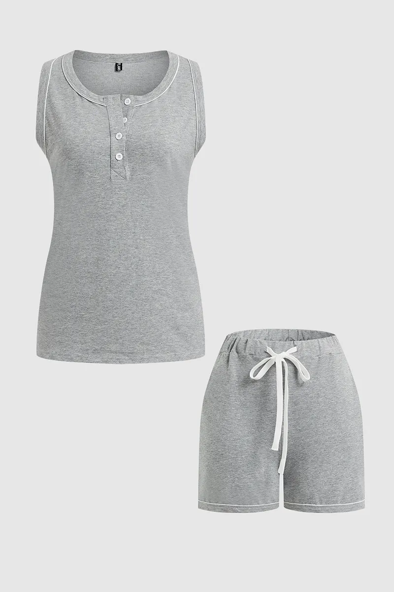 Half Placket Contrast Binding Tank Top & Drawstring High Waist Shorts Set