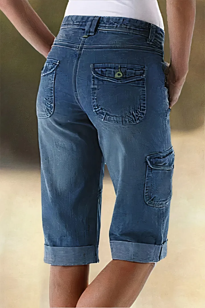 Flap Pocket Roll Hem Bermuda Denim Shorts Without Belt