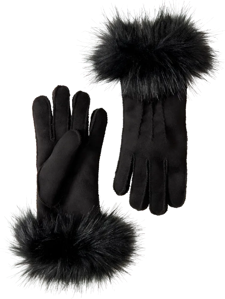 Women's Black Faux Fur-Trimmed Fleece Gloves
