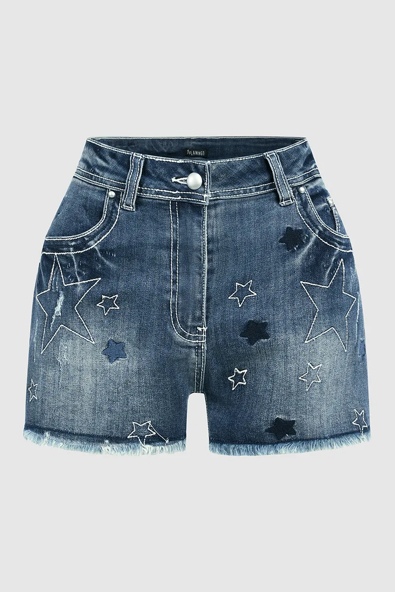 Star Pattern Ripped Raw Hem Mid Rise Denim Shorts