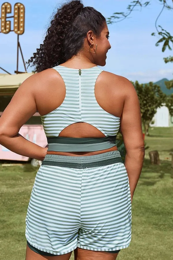 Plus Size Green Striped Patchwork Bikini Top