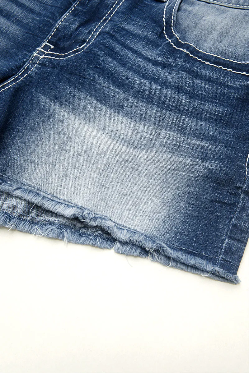 Embroidery Flap Detail Raw Hem Mid Rise Denim Shorts