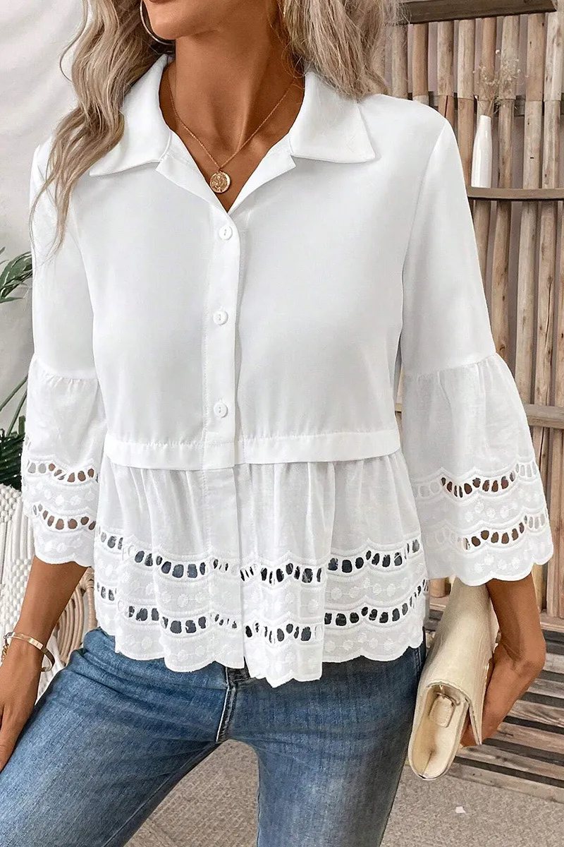 Solid Eyelet Embroidery Scallop Trim Bell Sleeve Shirt