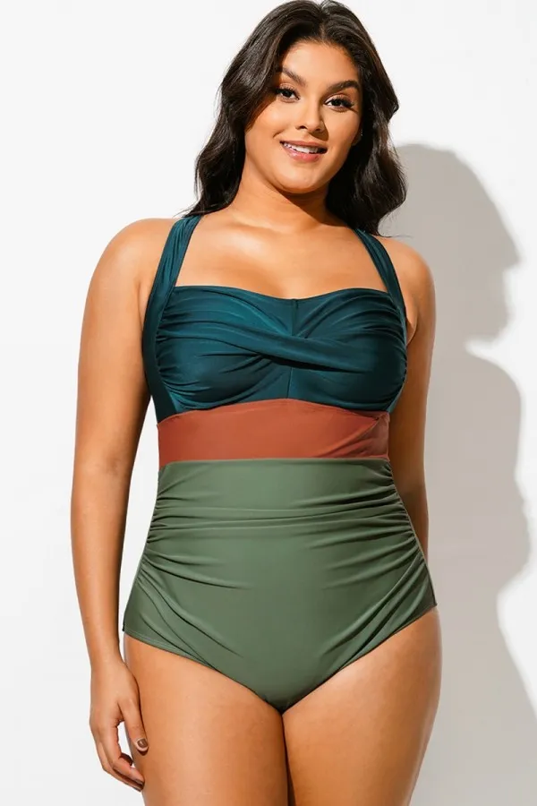 Green Colorblock Twist Front Skinny One Piece Swimsuit