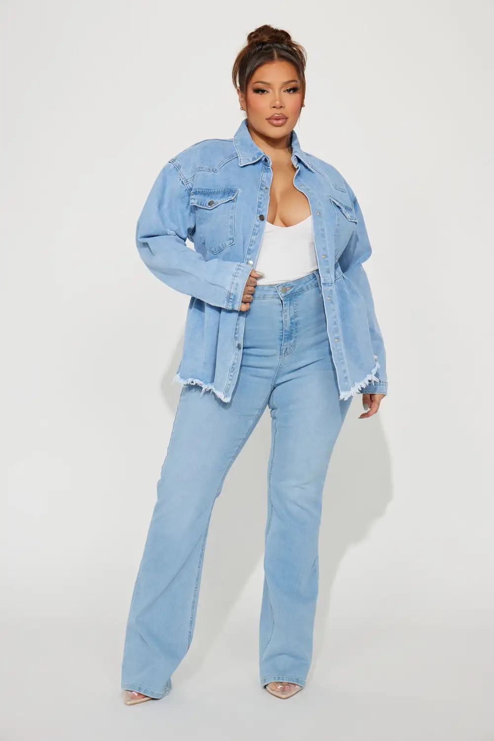 Pretty Peplum Denim Shacket - Light Blue Wash