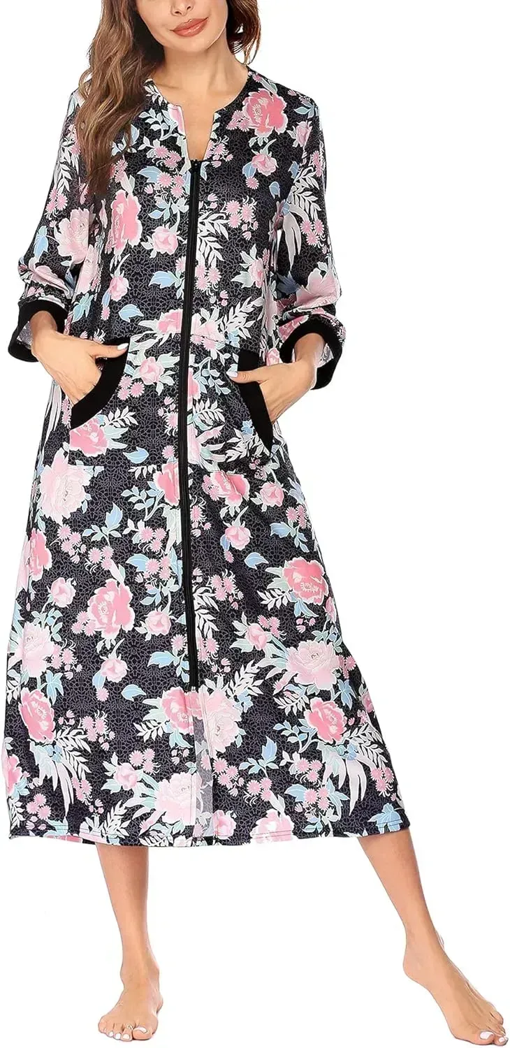 Women Zipper Robe 3/4 Sleeves Loungewear Dress Full Length Sleepwear Pockets Housecoat Nightgown Long Bathrobe