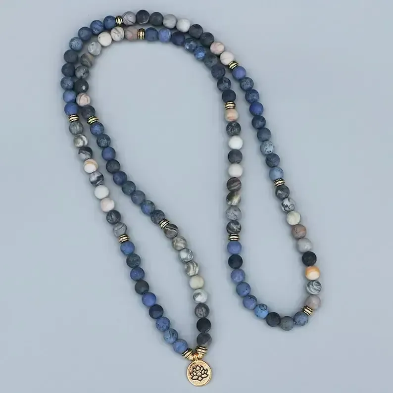 108 Beads Mala Lotus Bracelet-Mala Prayer Bead Necklace-8MM Matte Blue Stone Bracelet-Meditation Yoga Bracelet-Spiritual Chakra Bracelet