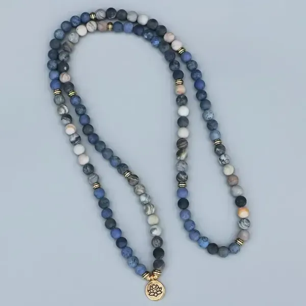108 Beads Mala Lotus Bracelet-Mala Prayer Bead Necklace-8MM Matte Blue Stone Bracelet-Meditation Yoga Bracelet-Spiritual Chakra Bracelet