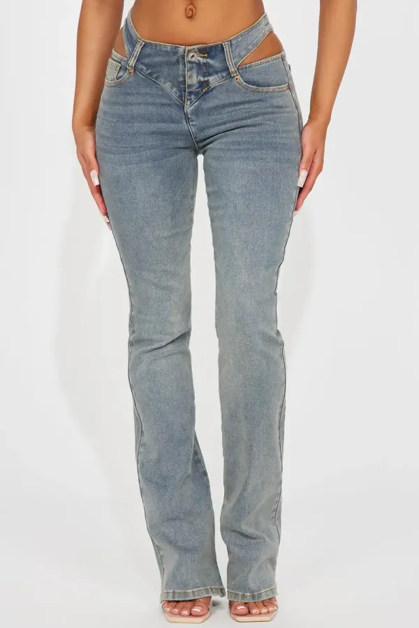 Cause A Scene Cut Out Stretch Bootcut Jean - Vintage Blue Wash