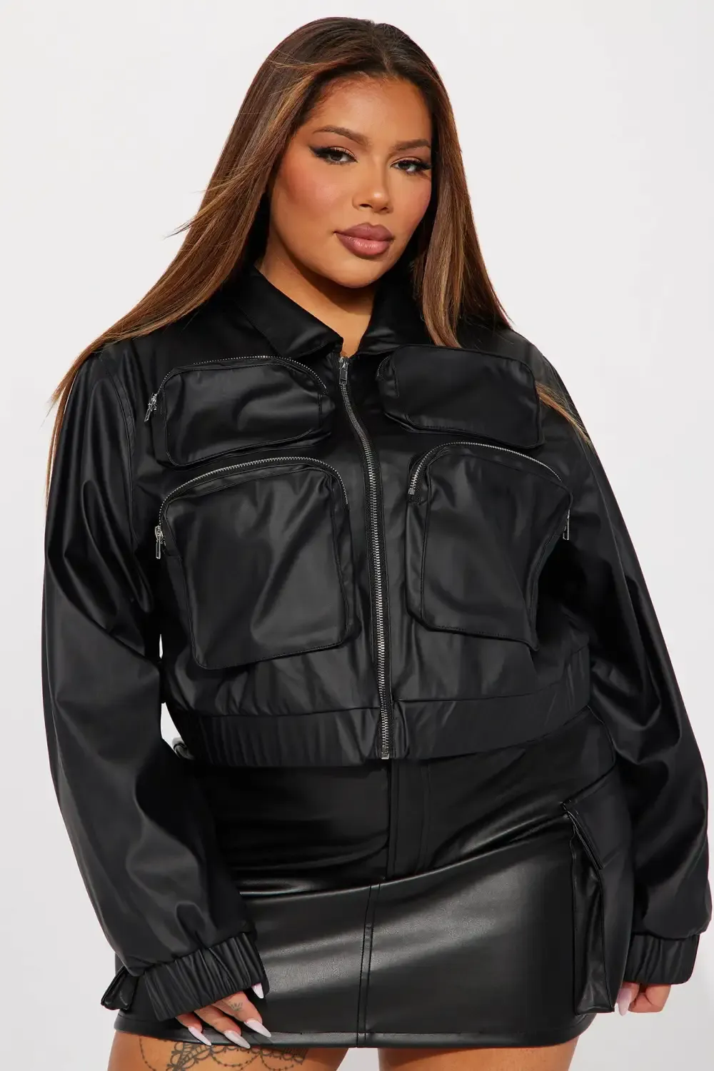 Fair And Square Faux Leather Bomber Jacket - Black
