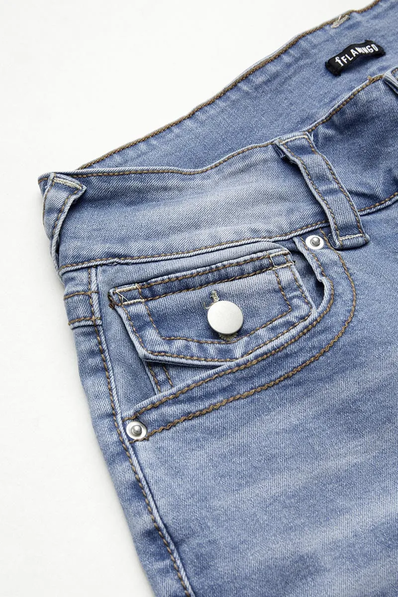 Wash Double Button Flap Pocket Mid Waist Straight Leg Jeans