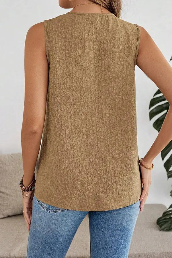 Chiffon Solid Pleated Button Front V Neck Tank Top