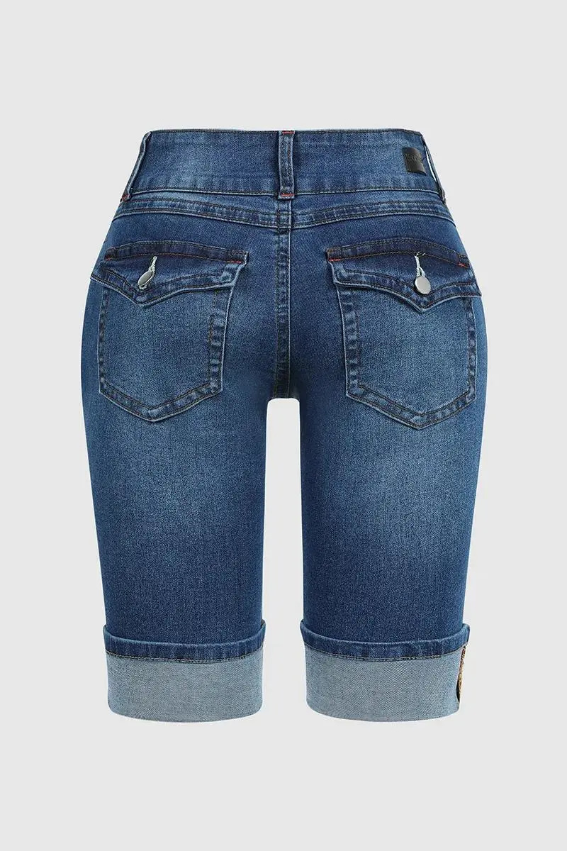 Button Up Flap Pocket Roll Hem Low Rise Denim Bermuda Shorts