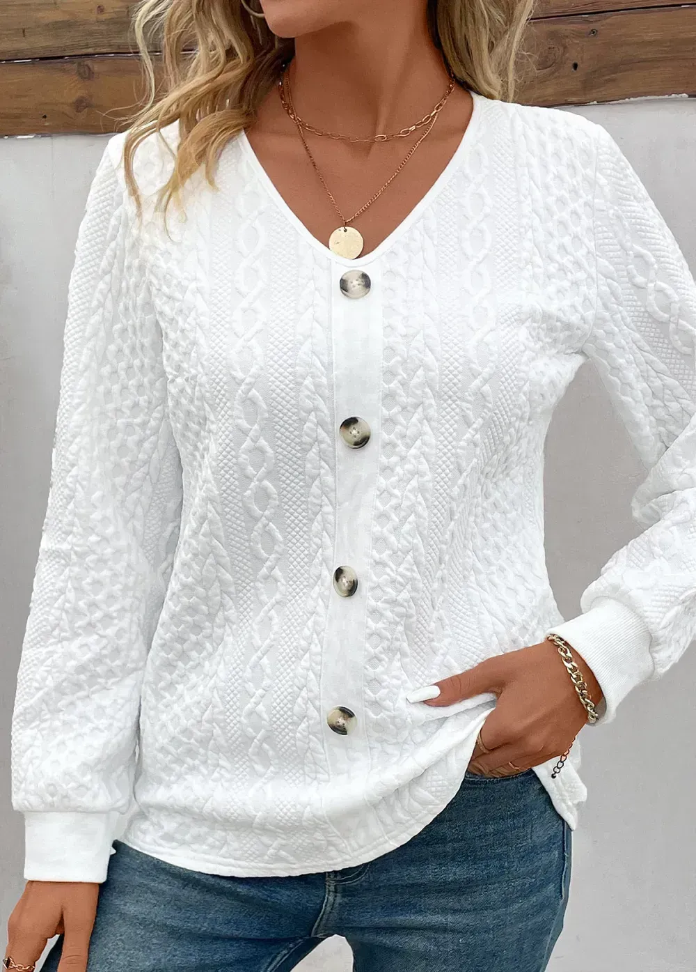 White Button Long Sleeve V Neck Sweatshirt