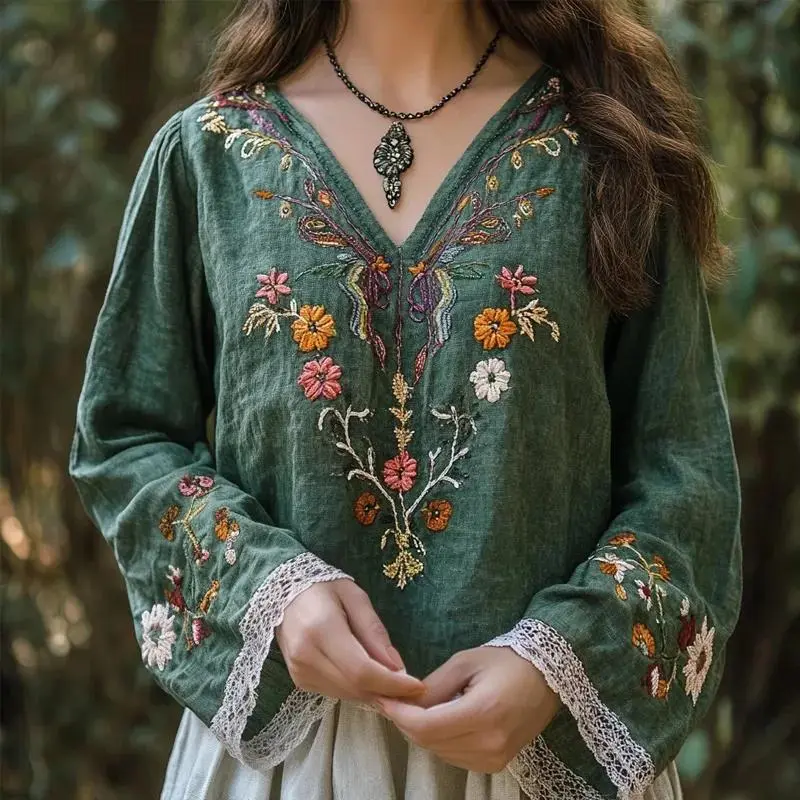 Vintage Boho Floral Embroidered Linen Blend Cozy Tunic