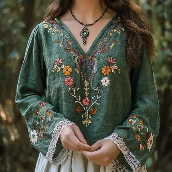 Vintage Boho Floral Embroidered Linen Blend Cozy Tunic