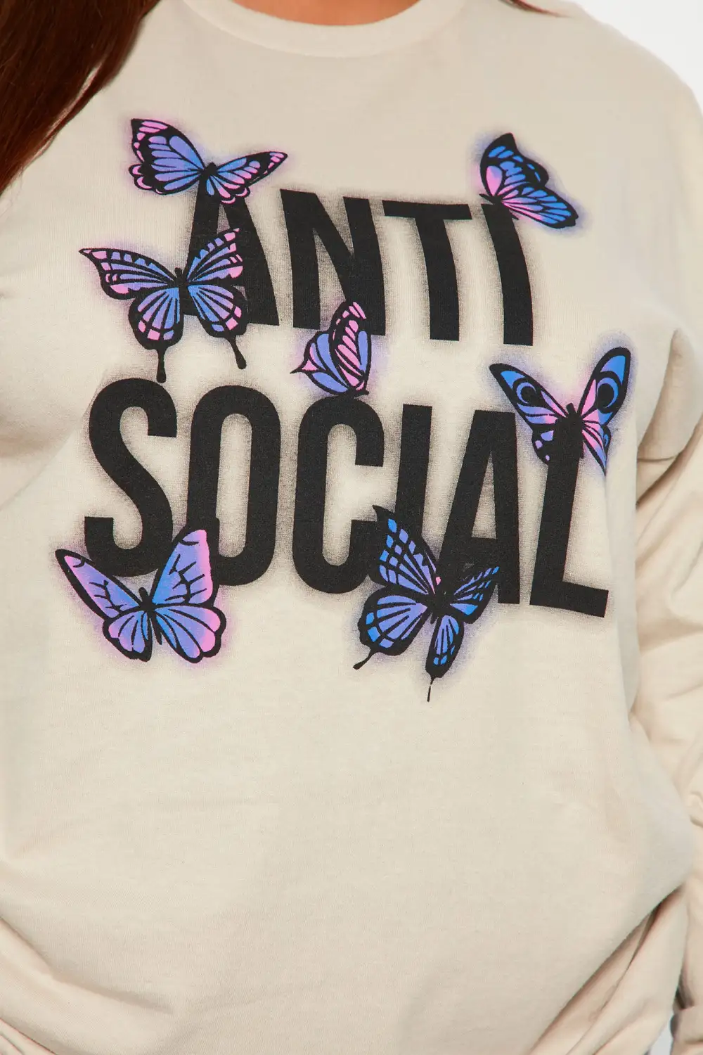 Remaining Anti Social Butterfly Long Sleeve Top - Taupe