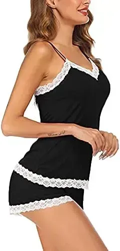 Women Cami Pajama Set Modal Sleepwear Lace Trim Short PJ Set with Shorts