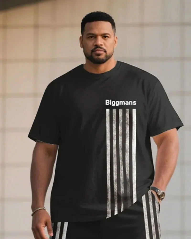 Big & Tall Men's Striped Side Stitching Printed T-Shirt and Shorts Suit