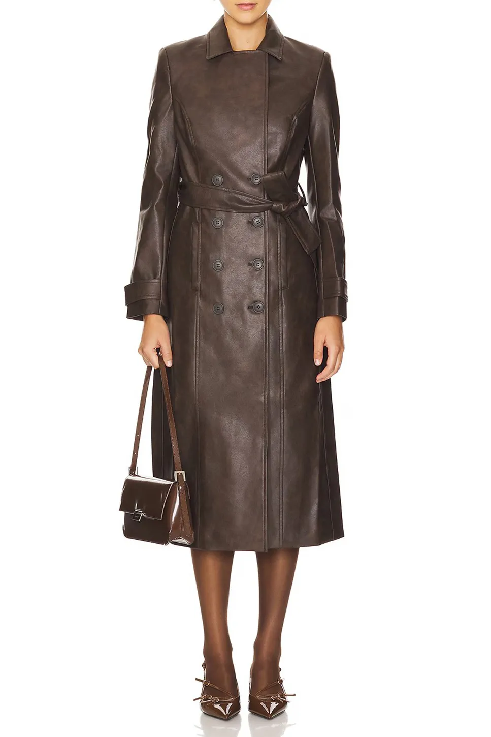 Faux Leather Trench Coat-Dark Chocolate
