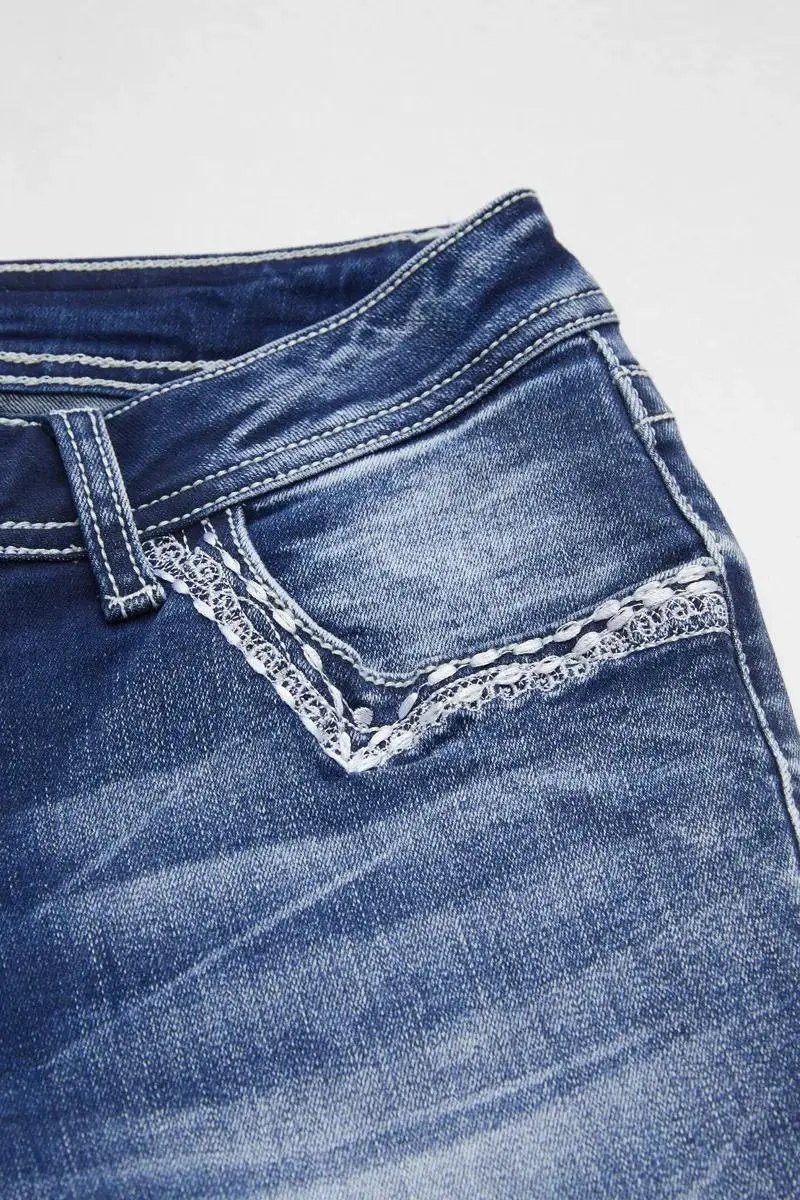Embroidery Roll Hem Wash High Stretch Low Rise Capri Jeans
