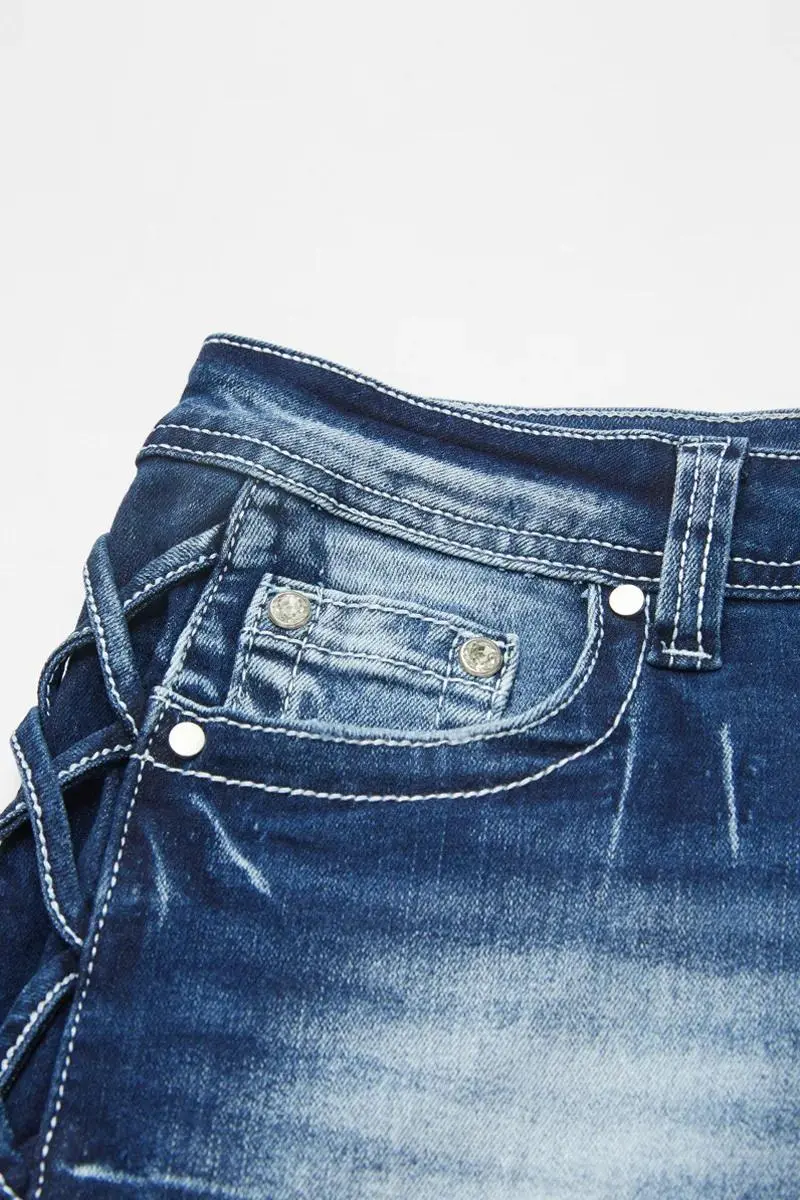 Criss Cross Raw Hem Low Waist Denim Shorts