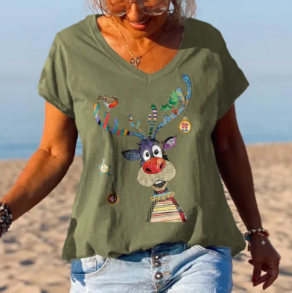 Christmas Lovely Elk Printed V-neck Women's T-shirt