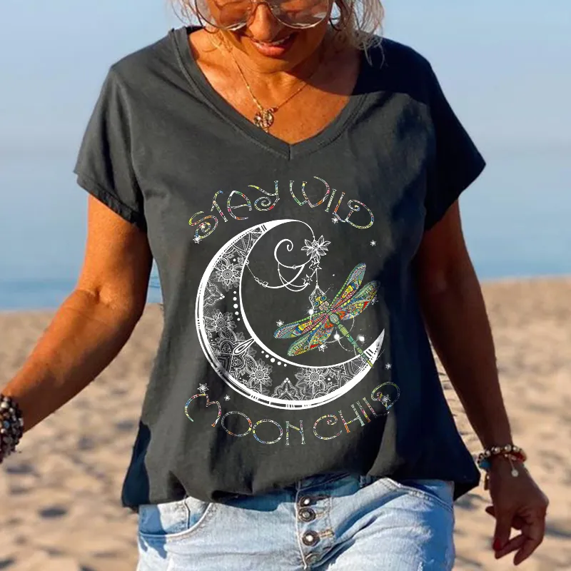 Stay Wild Moon Child Dragonfly Black T-shirt