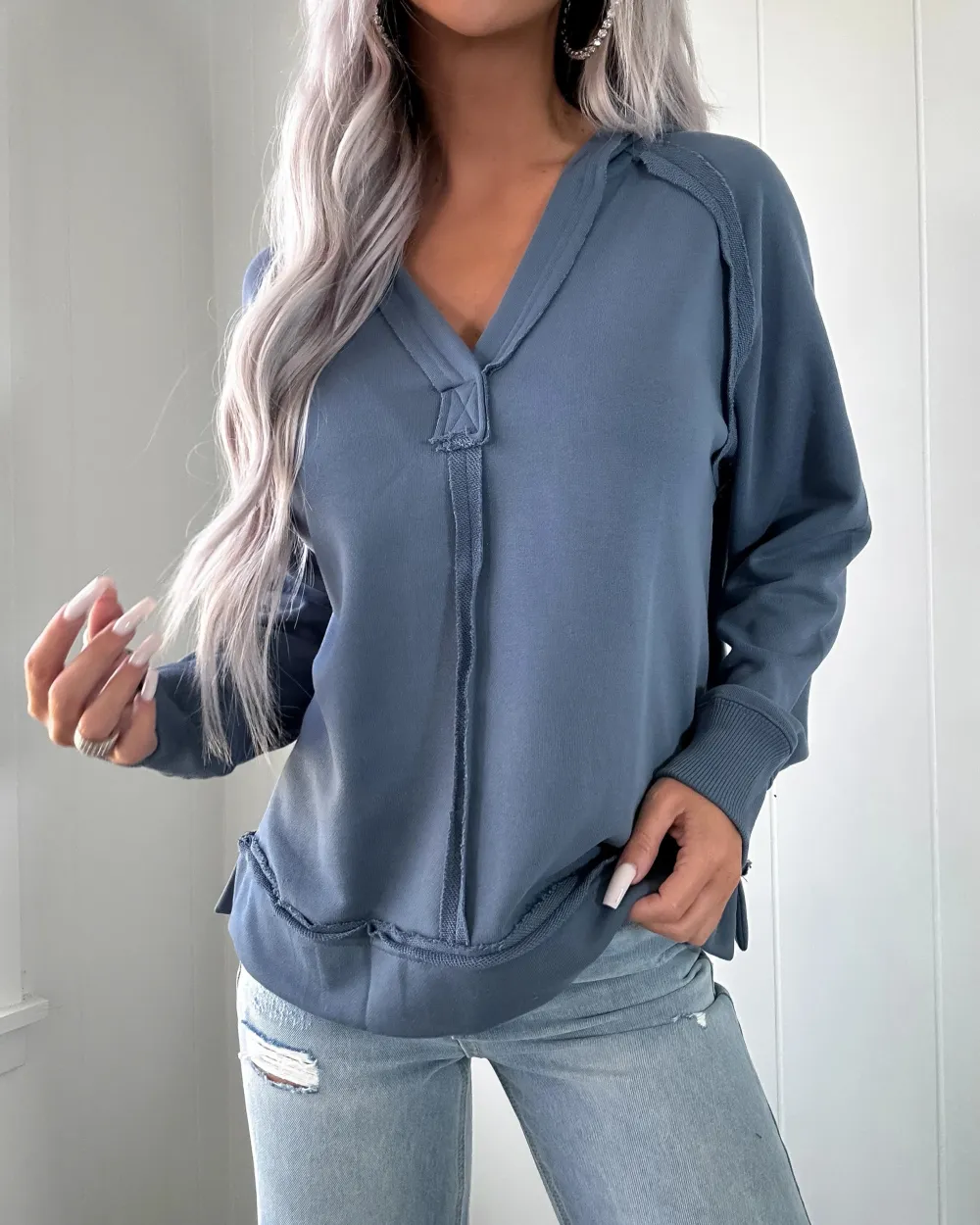 Long Sleeve Knit Top - Dusty Blue