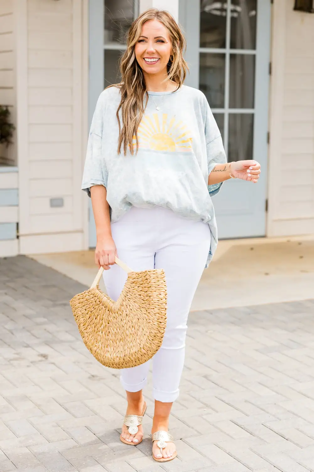 Stop And Watch The Sunset Acid Wash Boyfriend Tee, Ice Blue