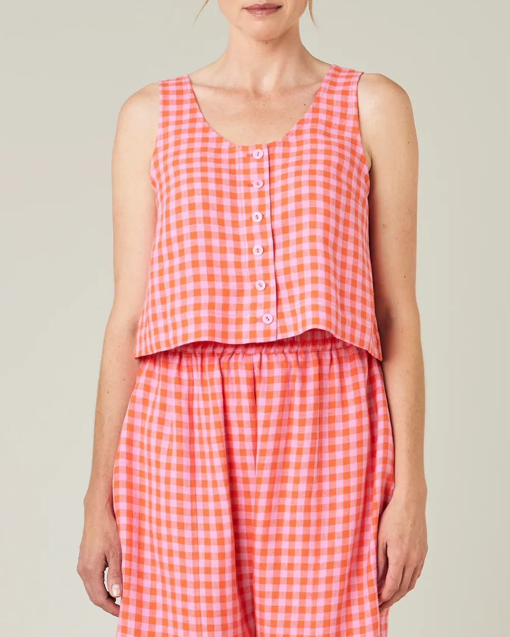 TOMATO & PINK CHECK LINEN TOP